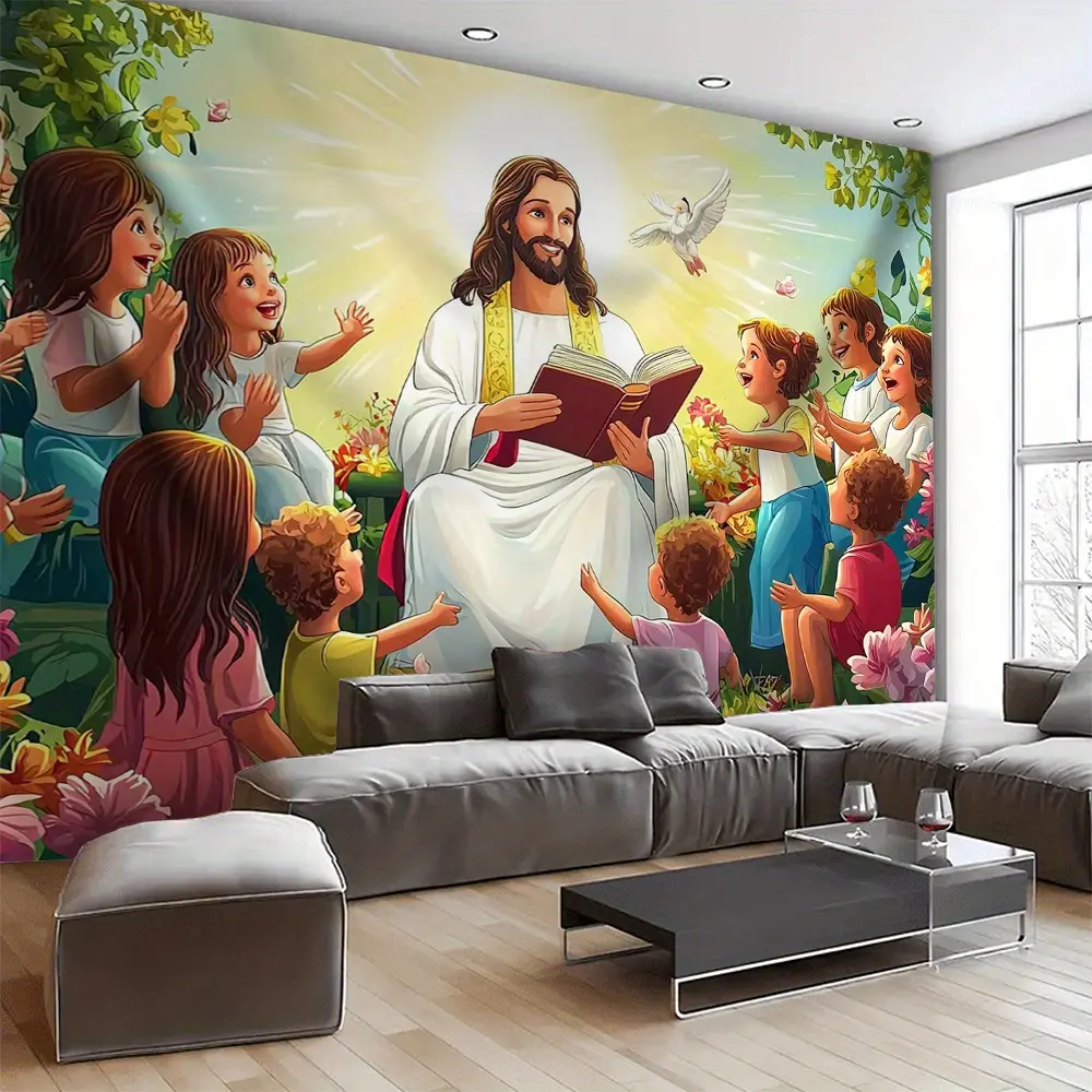 Jesus Wall Backdrop Banner, Durable Polyester Indoor Backdrops with Jesus & Children Garden Print, 39x59in-70.8x90.5in Large Size for Religious Events, Party Decorations