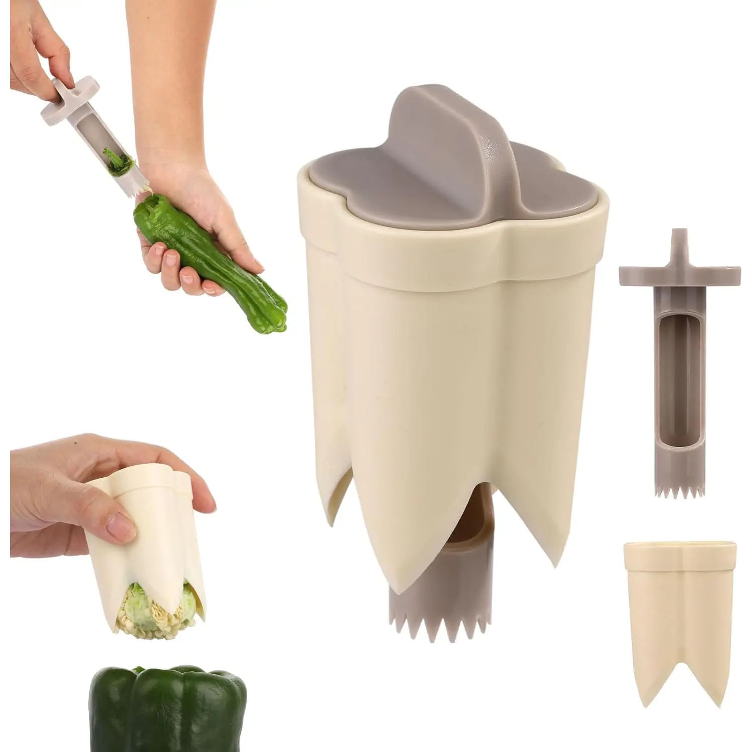 2pcs Pepper Deseeder, 2 in 1 Fruit & Pepper Corer, Set for Vegetables, Kitchen Gadget, Home & Camping (Off-White)