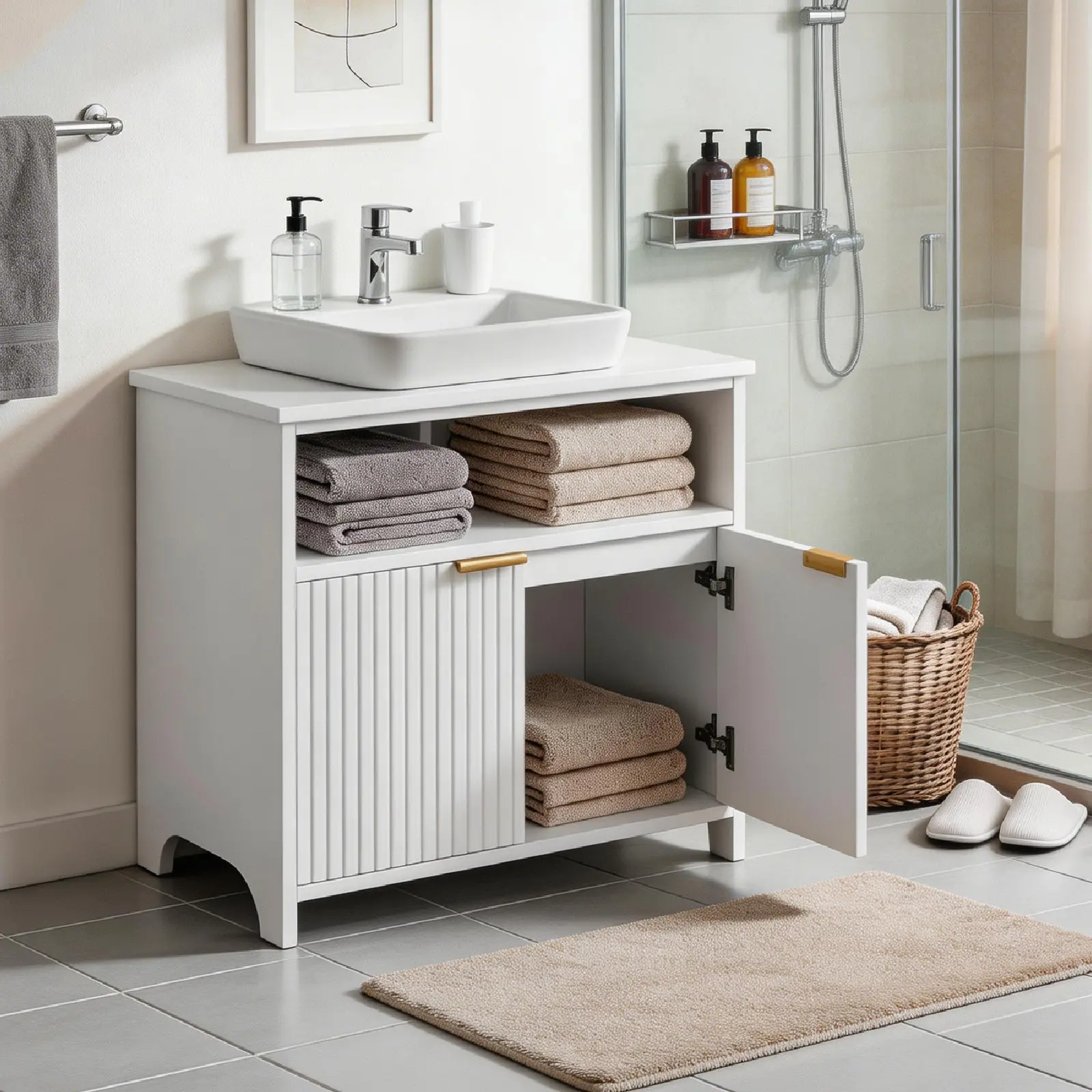 White particleboard with melamine veneer, grille thermoformed, two-door, one-shelf bathroom vanity unit, 60*30*60cm