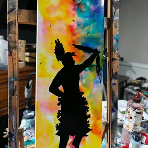 Jingle Dress Dancer 6x18 Hand-Painted Ceramic Tile with Colorful Background and Silhouette Design