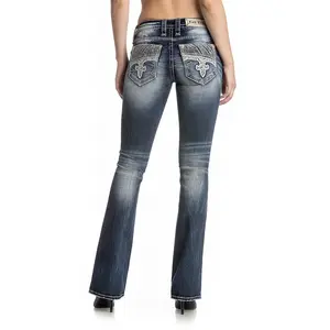 rr Fenna Bootcut Jeans for Women, Embroidered Fleur-de-Lis Pockets, Distressed Vintage Style Stretch Denim, Pocket, Embroidery