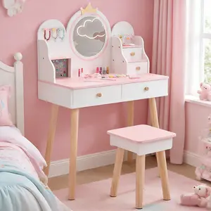 Kids Vanity Set with Mirror and Stool - White & Pink Princess Crown Dressing Table with 4 Drawers & Solid Wood Legs