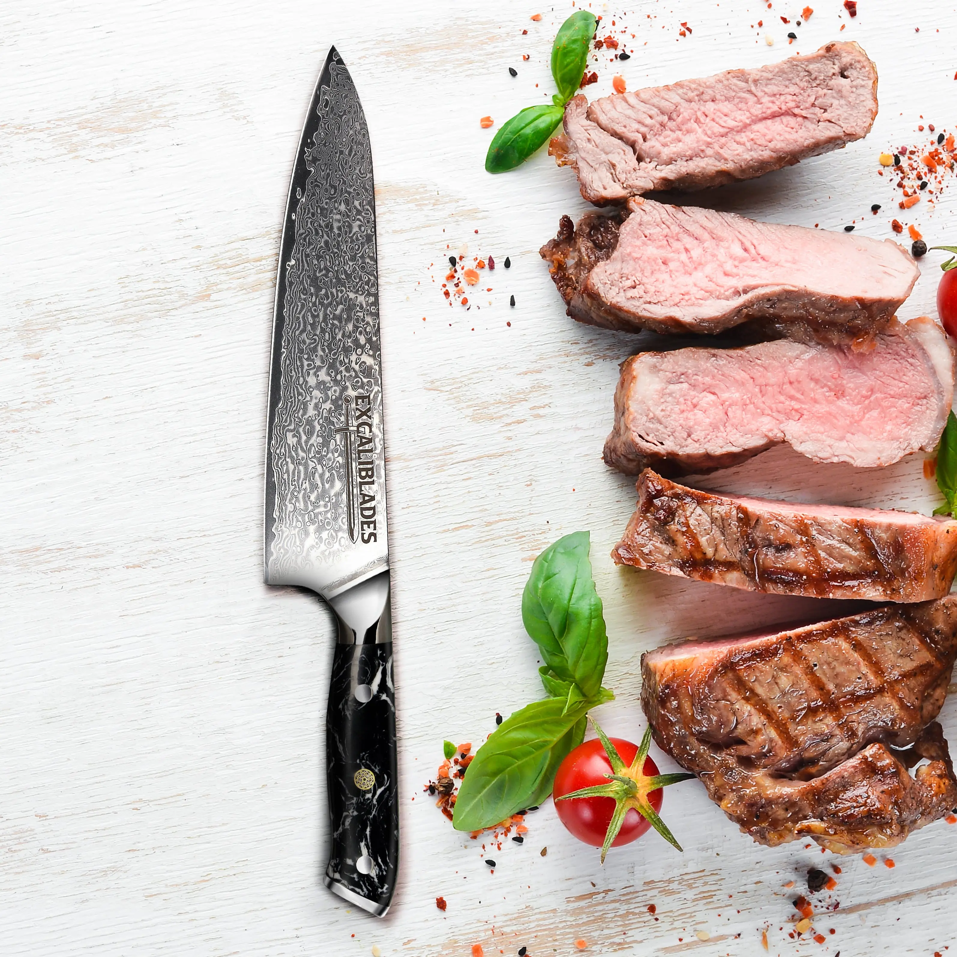 Excaliblades Chef Knife 8" | VG10 Damascus Stainless Steel, Full Tang With Ergonomic Handle, Lifetime Warranty, Premium Kitchen Gift
