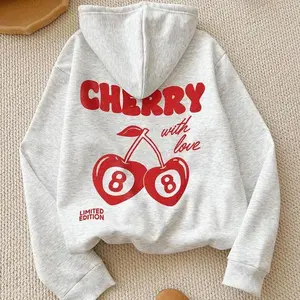 Women's Cherry & Letter Print Cherry Print Drop Shoulder Hoodie, Fashion Casual Drawstring Pocket Hooded Sweatshirt for Daily Holiday Outdoor Wear, Limited Edition, Women Clothing for Fall & Winter