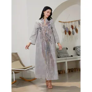 Women'S Arabic Abaya Robe - Elegant Islamic Full-Length Dress with Long Flowing Train, Non-Stretchy Fabric for Weddings, Cultural Events, Everyday Modest Outfit - Loose Fit Islamic Clothing, Muslim Dress, Summer Abaya, Geometric Pattern Abaya