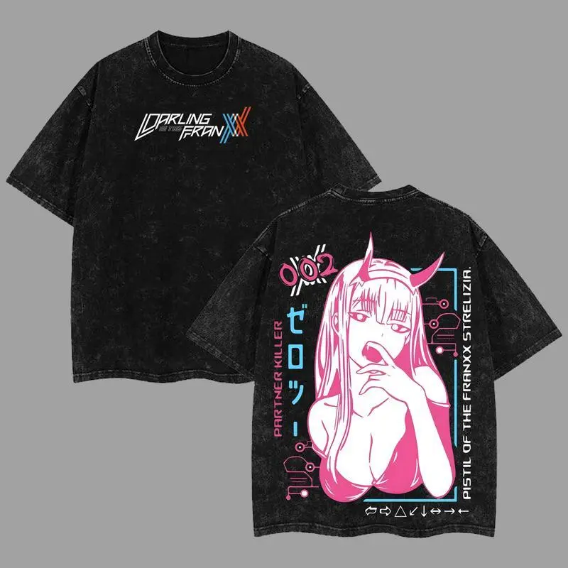 Darling in the Franxx Zero Two Vintage Washed Tee, Unisex Loose Anime Streetwear, Ideal Gift For Anime Fans Zero Two Retro Tee, Anime Trendy Daily Wear