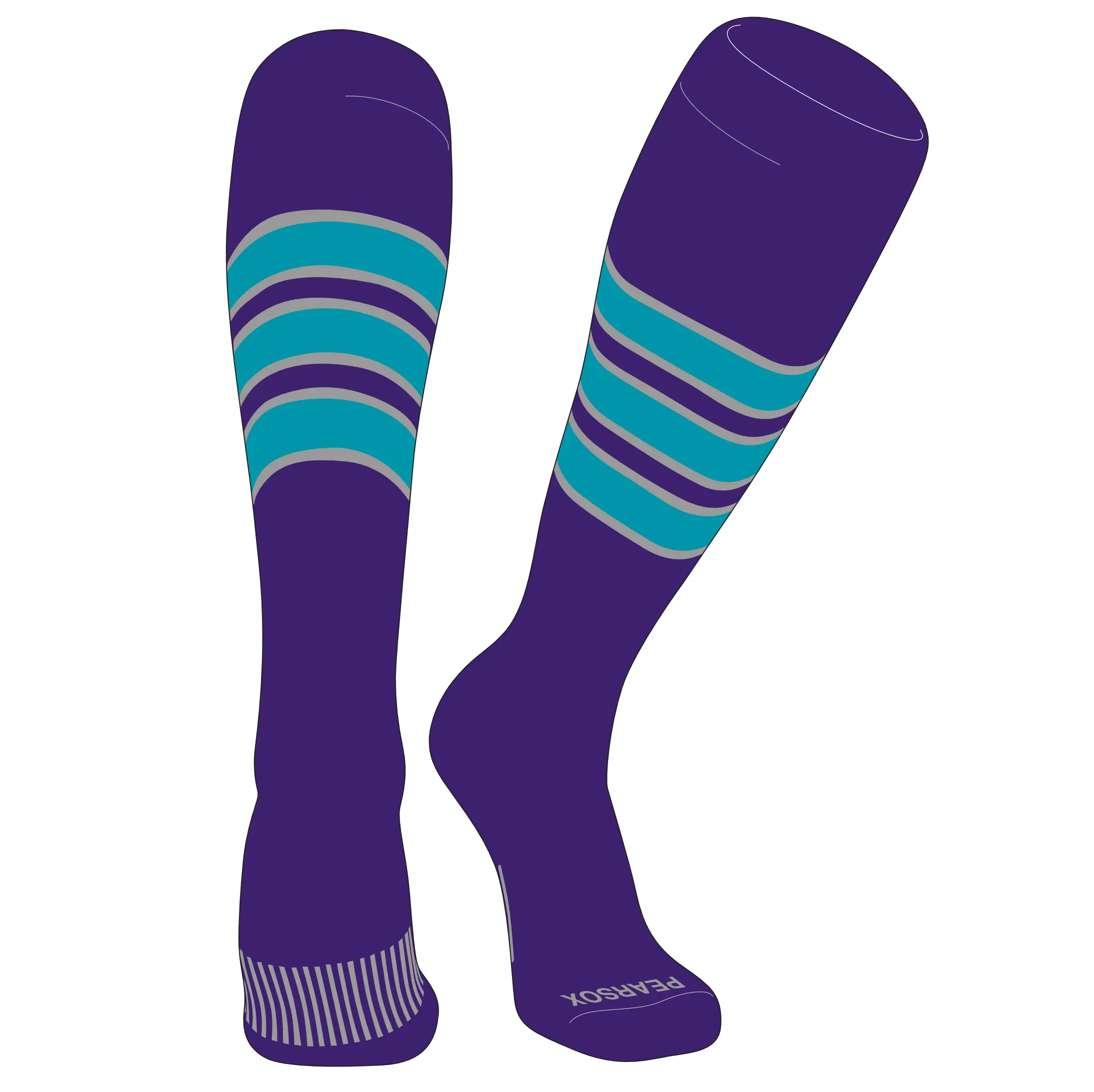 PEAR SOX Striped OTC Baseball, Softball, Football Socks (C) Purple, Silver, Marlin Teal