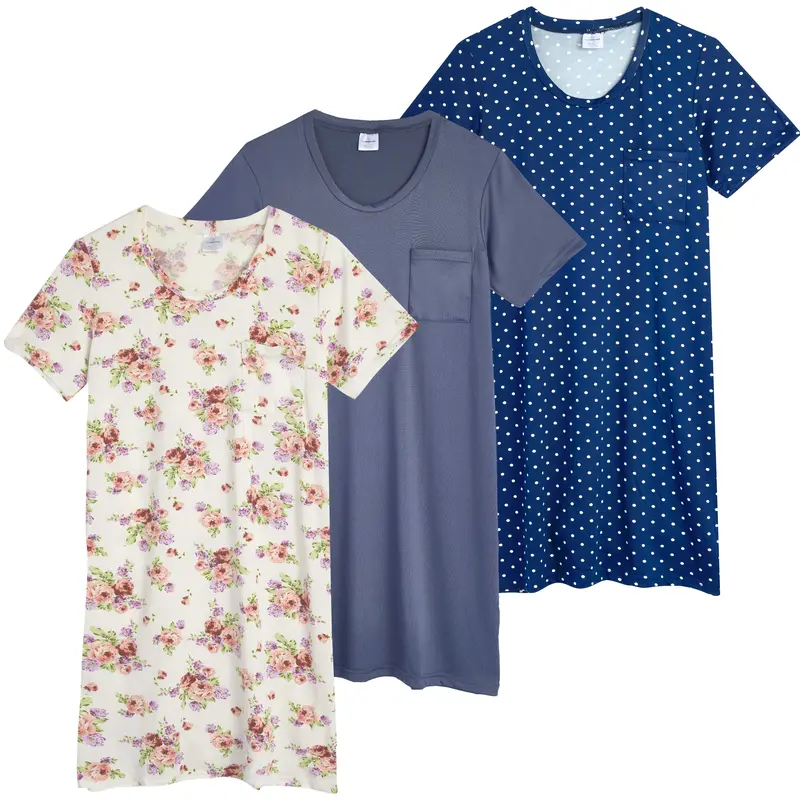Real Essentials 3 Pack: Women's Nightshirt Short Sleeve Soft Nightgown Sleep Dress With Pocket (Available In Plus Size)
