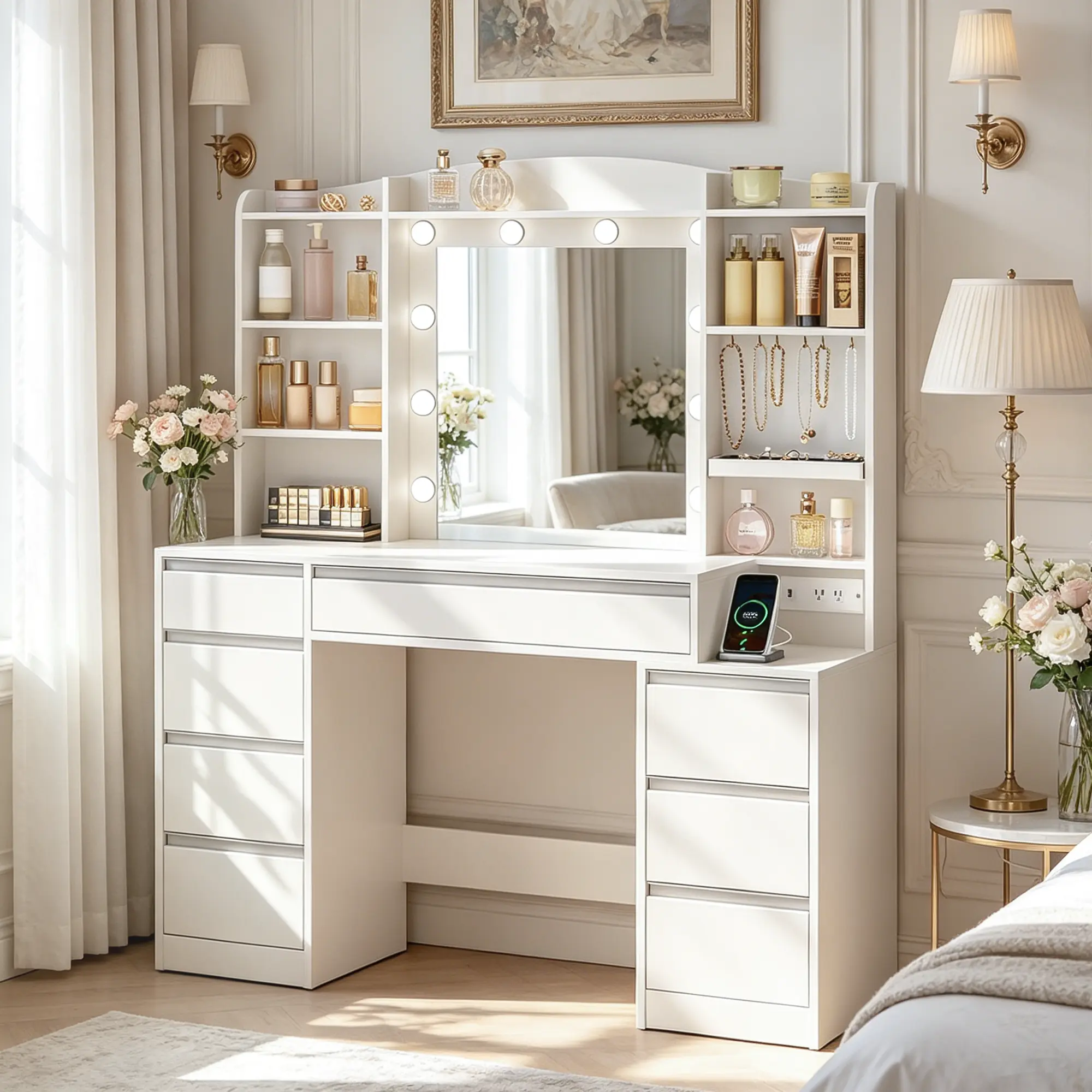 【Without makeup chair】Hzuaneri 47.2'' Large Vanity Desk with a Mirror, Vanity with LED Light, Makeup Vanity with Power Strip, 8 Drawers and 8 Shelves,Vanity Table, Vanity Desk Set for Bedroom,Bathroom, White