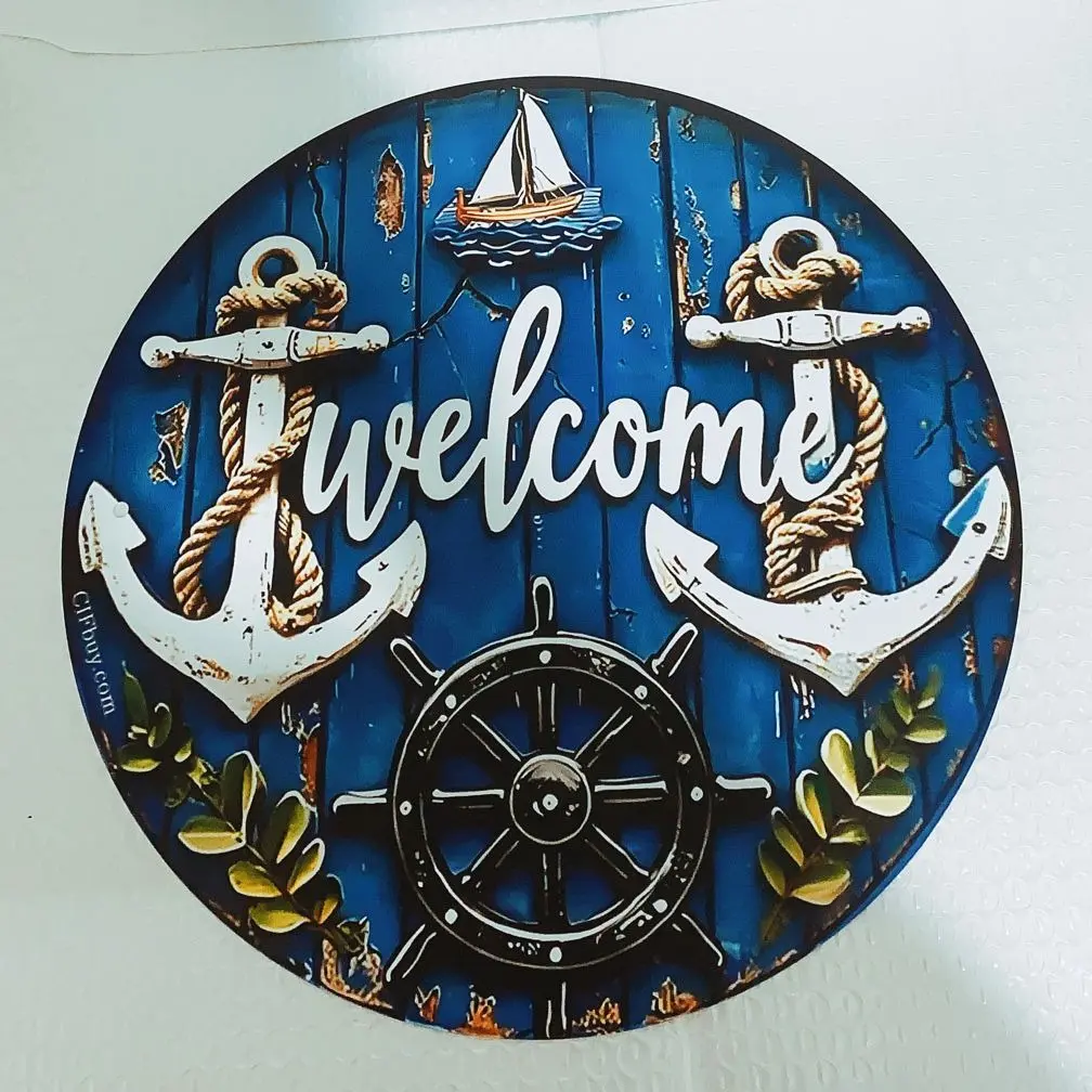 Aluminum Nautical Welcome Sign Wall Art Vintage Oceanic Decor With Anchor Ship Wheel And Sailboat Round Metal Poster For Beach House Bar Outdoor Space Retro Seaside Greeting Sign Perfect For Home Hotel Commercial Spaces Gift Wall Decor Plaque