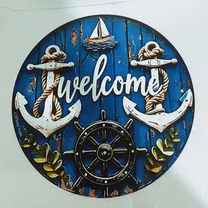 Aluminum Nautical Welcome Sign Wall Art Vintage Oceanic Decor With Anchor Ship Wheel And Sailboat Round Metal Poster For Beach House Bar Outdoor Space Retro Seaside Greeting Sign Perfect For Home Hotel Commercial Spaces Gift