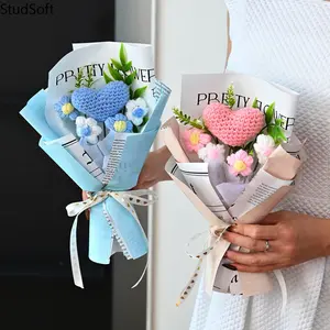 New Handcrafted Knitted "Puff" Heart Flower Bouquet — A Gift, Decorative Accent, or Keepsake