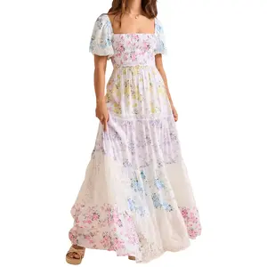 Elegant Floral Print Short Sleeve A-Line Dress with Ruffled Hem for Women Perfect for Cocktail Parties and Streetwear Fashion NONE