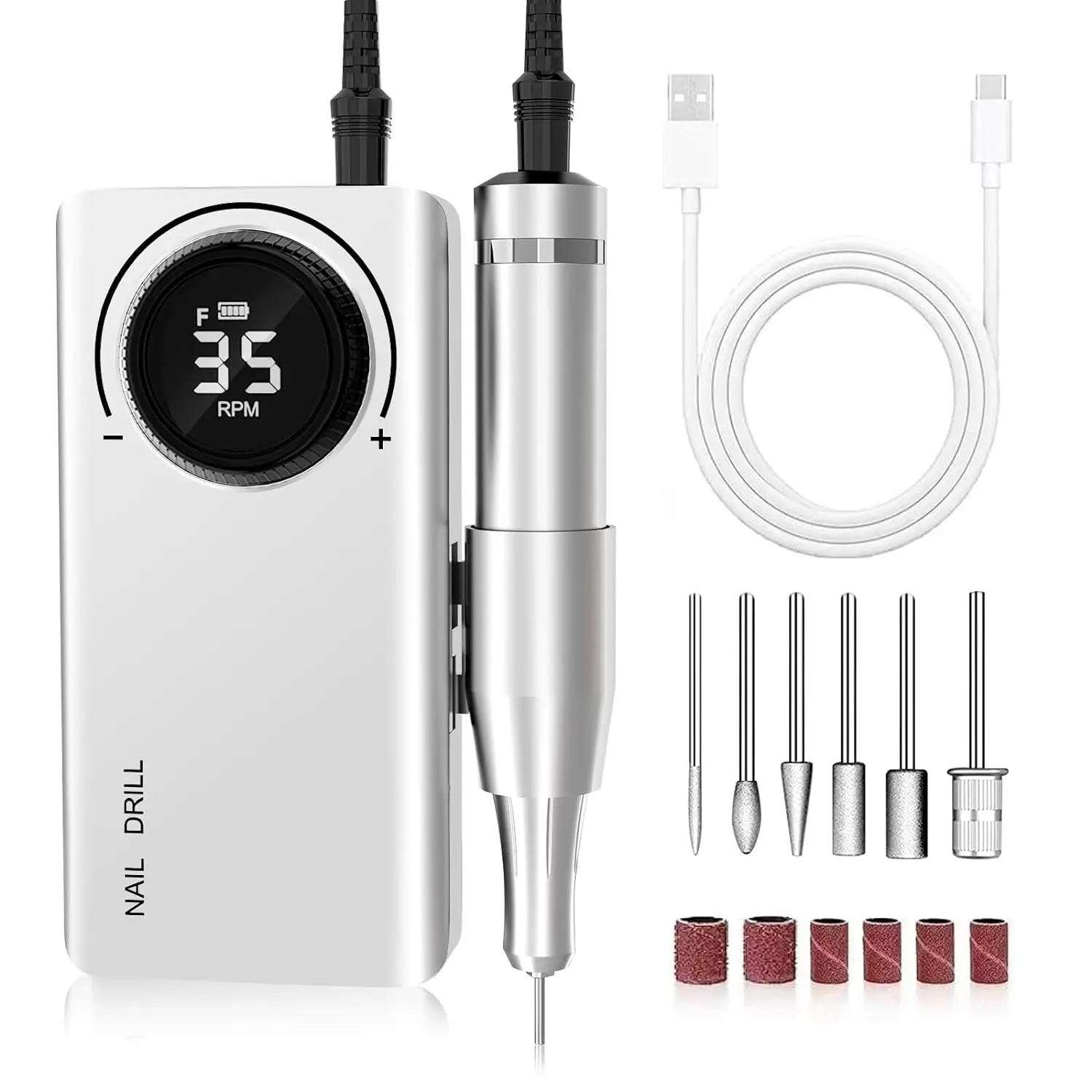 Professional Electric Nail Drill Machine, Portable Rechargeable 35000RPM with 6 Bits & Sanding Bands for Acrylic & Gel Nails, Includes Battery & Tubes - Handle