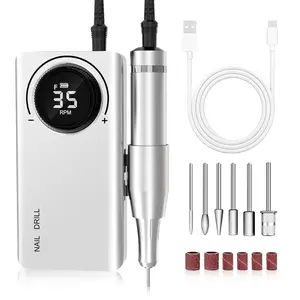 Professional Electric Nail Drill Machine, Portable Rechargeable 35000RPM with 6 Bits & Sanding Bands for Acrylic & Gel Nails, Includes Battery & Tubes - Handle