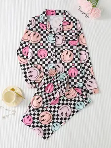 Women's Christmas Plaid Smiley Face Print Pajama Set, Lightweight Button-Up Long Sleeve Top & Pants, Casual Fitted Sleepwear