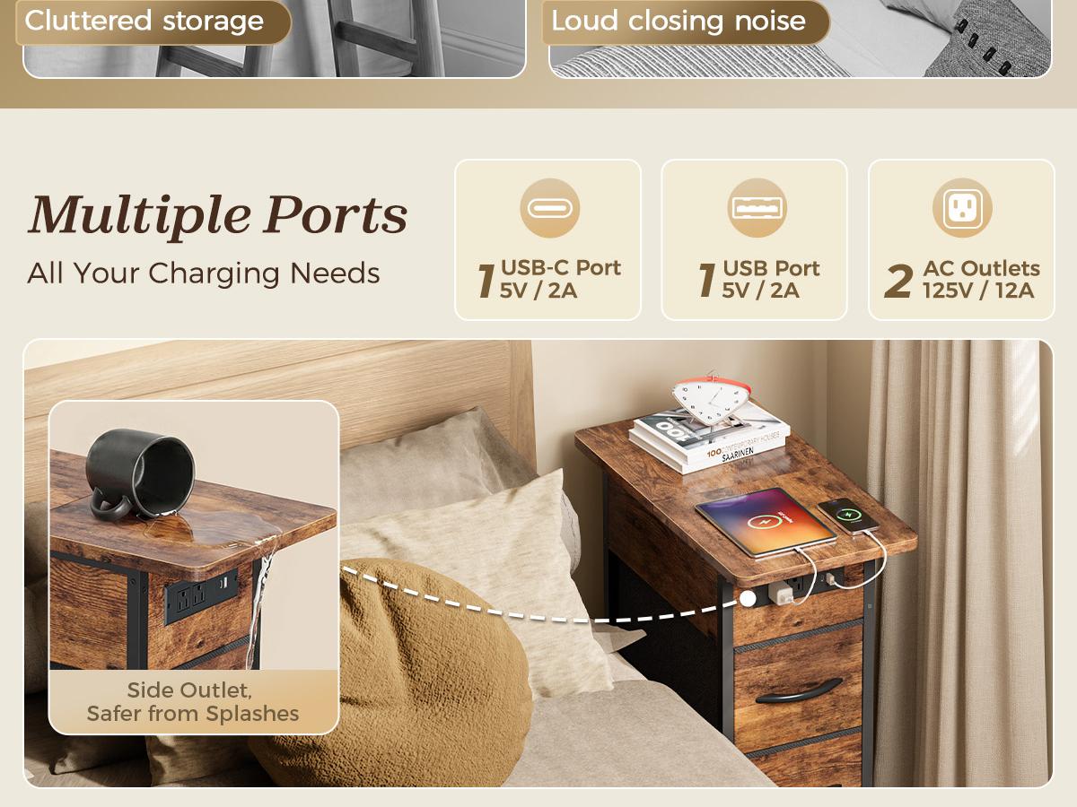 Huuger Narrow End Table with Charging Station, Flip Top Side Table with 2 Fabric Drawers, Slim Night Stand with USB-C Port for Small Spaces, Nightstand Bedside Couch Table, Living Room