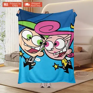 The Fairly OddParents Cosmo & Wanda Fairy Godparents Throw Blanket, Retro Cartoon Fleece Blanket, Soft Flannel Blanket for Bed Couch, Nostalgic Gift for 90s Cartoon Fans