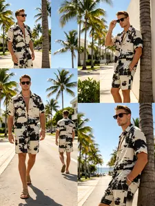 Men's Abstract Ink Splash Print 2 Piece Outfit Lapel Short Sleeve Button Down Shirt & Drawstring Casual Shorts Summer Beach Matching Tracksuit