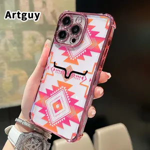 Pink Orange Aztec Bull Print Mobile Phone Case for iPhone 17 16 Pro Max 15 Plus 14 13 12 11 E Air Four Corner Anti-drop Shockproof Non-slip Silicone Transparent Protective Cover