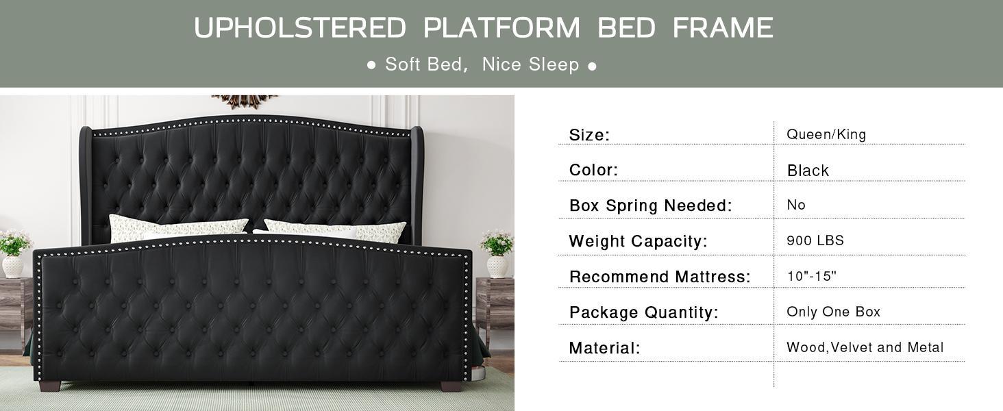 AMERLIFE Modern Bed Frame with Wingback Headboard, Velvet Upholstered Bed Frame with Handmade Button Tufted & Nailhead, Wooden Slats Support/Luxury Bedroom Furniture/Queen/King/California King Size/Best Gift Ideas/Christmas Gifts