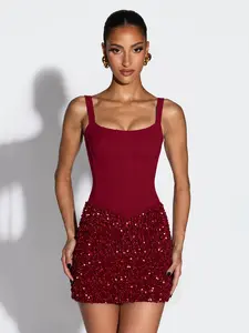Women's Sexy Party Style Red Sequined Ruched Wrap Formal Bodycon Dress, Bone Waist Cinched Design Square Neck Low Back Strap Short Dress, Slim Fit Evening Gown