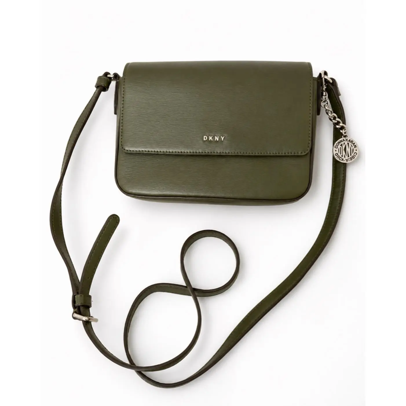 DKNY Olive Green Leather Bag with Silver-Tone Chain Strap and Medallion Detail Pre-Owned in Good Condition