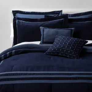 8pc Queen Applique Border Comforter Set Navy/Blue - Threshold: Embroidered, OEKO-TEX Certified, Herringbone