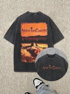 Vintage Band Graphic Tee For Men - Alice In Chains Album Art Print, Distressed Washed Cotton T-Shirt With Bold Rock Music Design, Perfect For Fans Of Classic Grunge And 90s Alternative Rock, Oversized Fit For Casual Streetwear Look