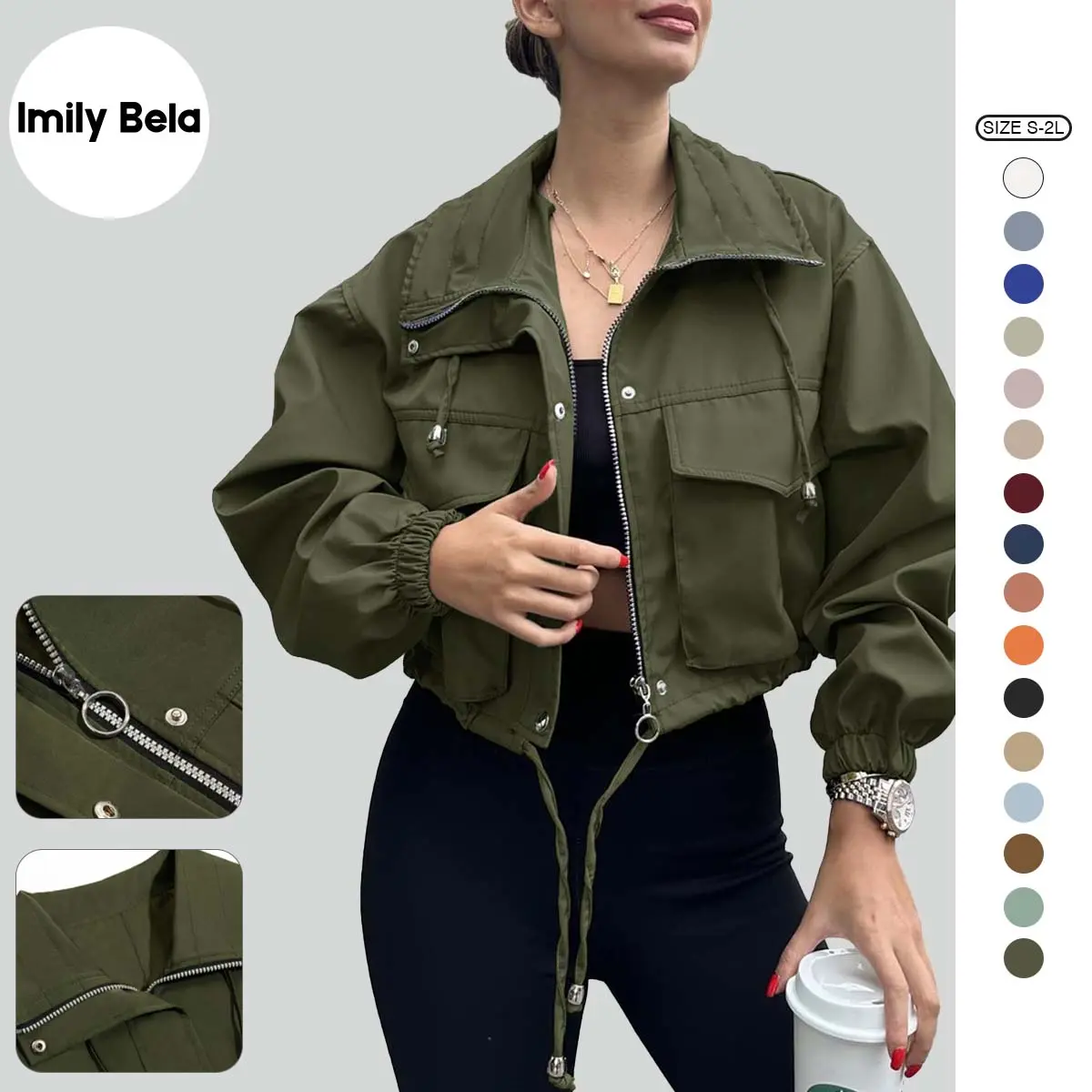 Imily Bela Womens Cropped Jacket Zip Up Lightweight Oversized Utility Anorak Coat with Pockets