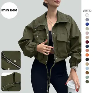 Imily Bela Womens Cropped Jacket Zip Up Lightweight Oversized Utility Anorak Coat with Pockets
