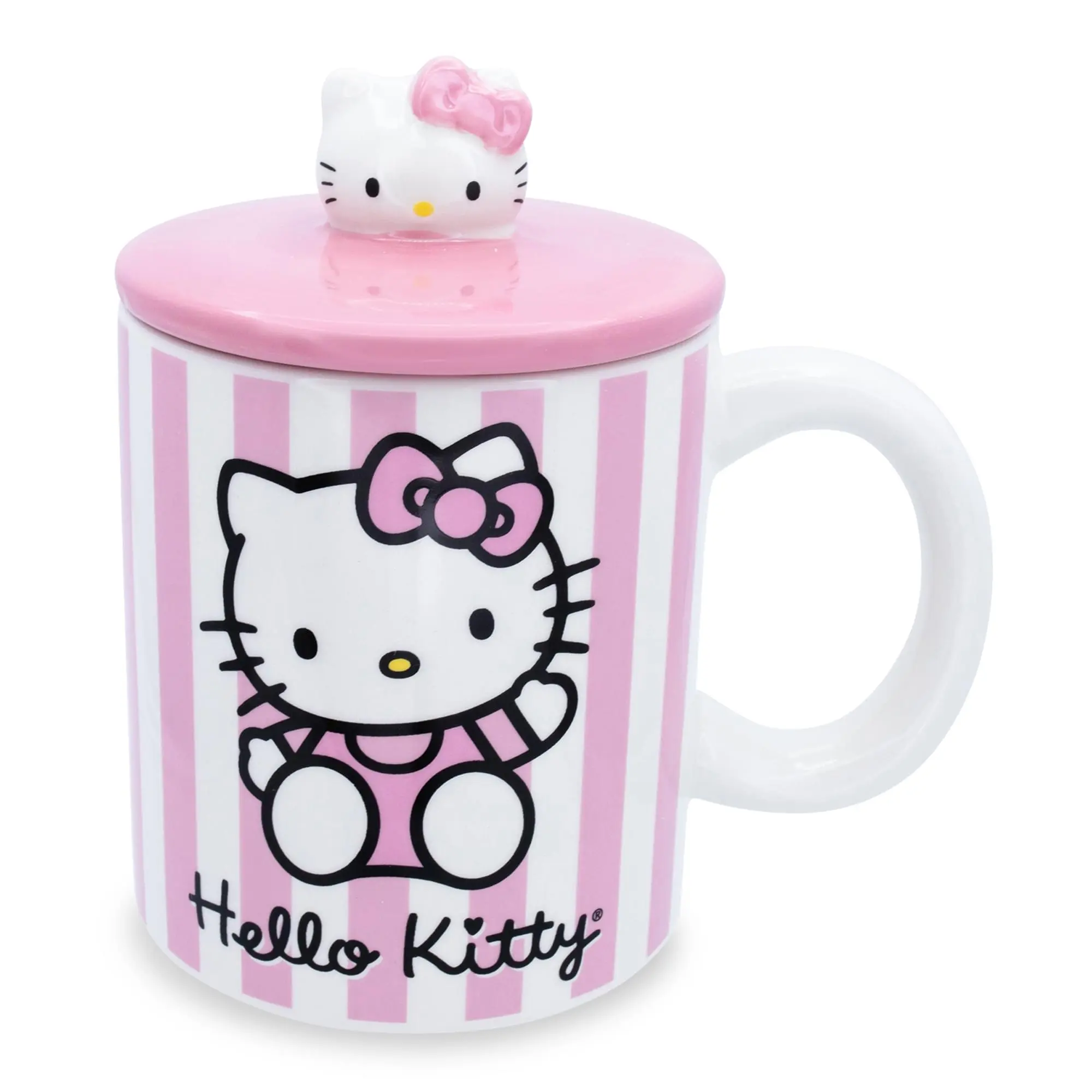 Sanrio Hello Kitty Pink Stripes Ceramic Mug With Lid | Holds 18 Ounces Sanrio Hello Kitty Pink Stripes Ceramic Mug With Lid | Holds 18 Ounces