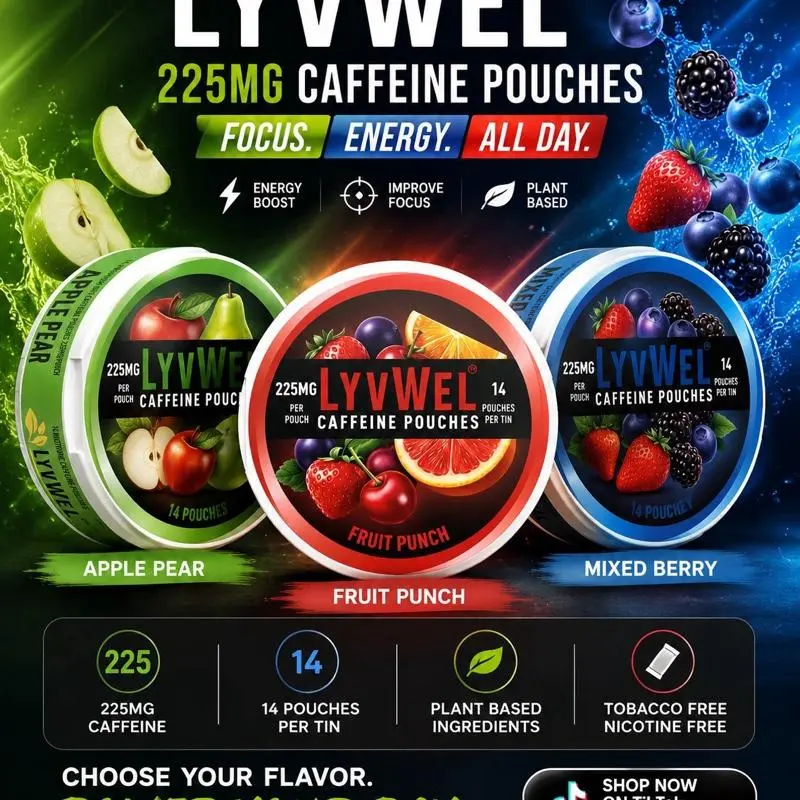 LYVWEL Caffeine Pouches - 3 Flavors (MixBerry, ApplePear, FruitPunch) - 14 Per Can - 225 mg Per Unit coffee Caffeinated Drink Mix Beverage