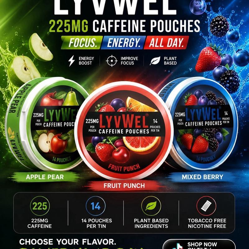 LYVWEL Caffeine Pouches - 3 Flavors (MixBerry, ApplePear, FruitPunch) - 14 Per Can - 225 mg Per Unit coffee Caffeinated Drink Mix Beverage