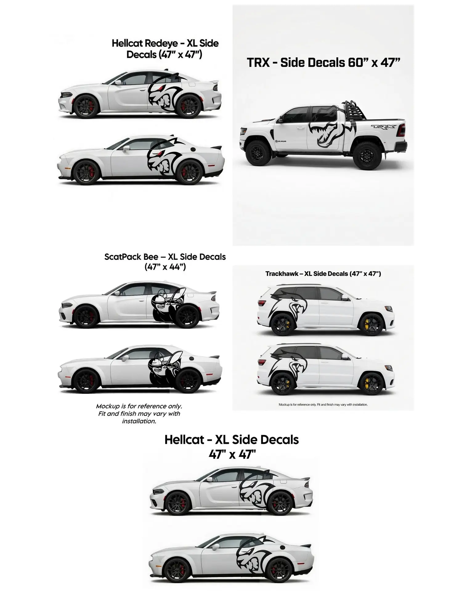 Hellcat, Hellcat Redeye, Trackhawk, TRX, and Scatpack Big Head Rear Side Decal Kit (Left & Right Pair) – XL Vinyl Car Stickers for Dodge Challenger, Charger, Durango, and TRX & Jeep Trackhawk and SRT, Hellcat Models Aggressive Look Multiple Colors