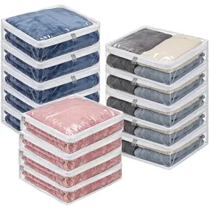 14 count Clear Zippered Storage Bags Pvc Sweater Sheet Organizer Plastic Sheet Storage Sweater Bags With Zipper And Label Pocket Container For Clothes Closet Linen Pillow (14 x 12 x 3 Inch)