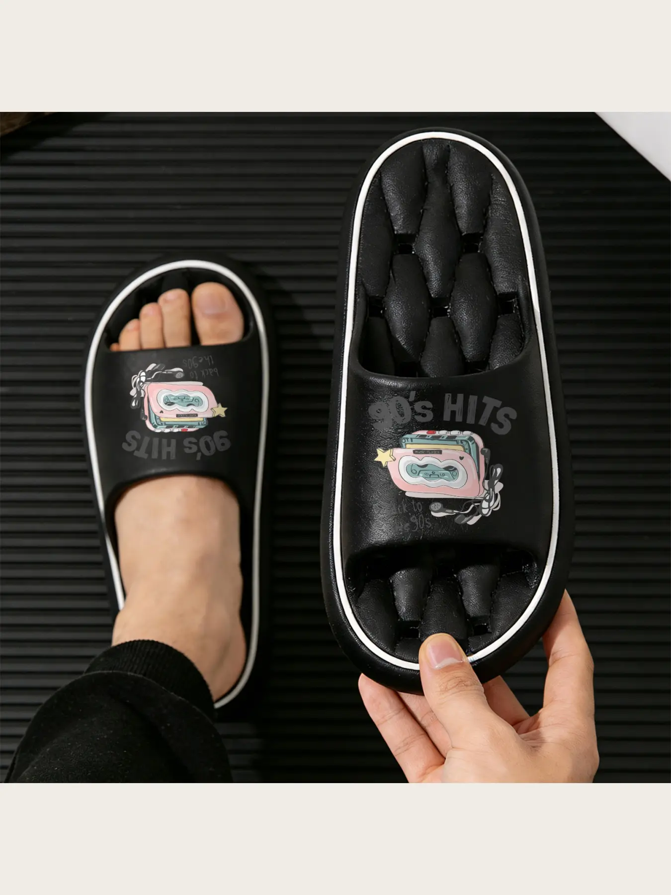 90s Hits Music Player Cassette Tape Design Slippers Retro 1990s Nostalgia Back to the 90s Theme Comfortable Home Shoes Vintage Music Lover Gift for Women Men Teens