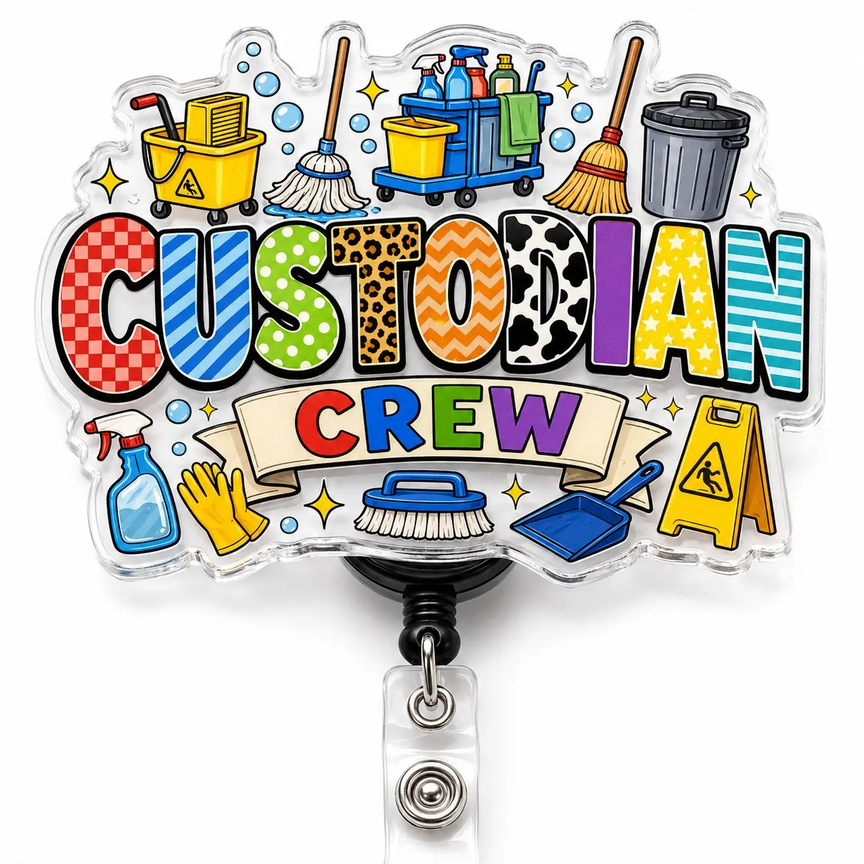 Badge Reel Custodian Crew Colorful Acrylic Retractable ID Holder for Janitors Cleaners Housekeeping Staff and Maintenance Workers 2 Inch