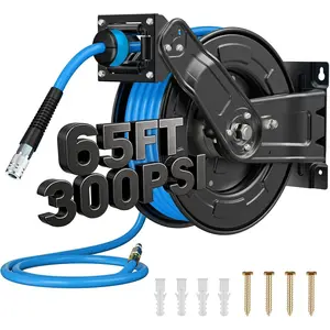 Retractable Air Hose Reel, 65ft x 3/8in Hybrid Air Hose (300PSI), Heavy Duty Compressor Hose Reel, Auto Rewind - Wall/Ceiling Mount for Workshops