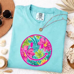 Comfort Colors Tropical Smiley Face Shirt Floral Hibiscus Graphic Tee Summer Aesthetic Beach Vibes Cute Vacation Outfit Womenswear & Underwear - Women's Tops - T-Shirts