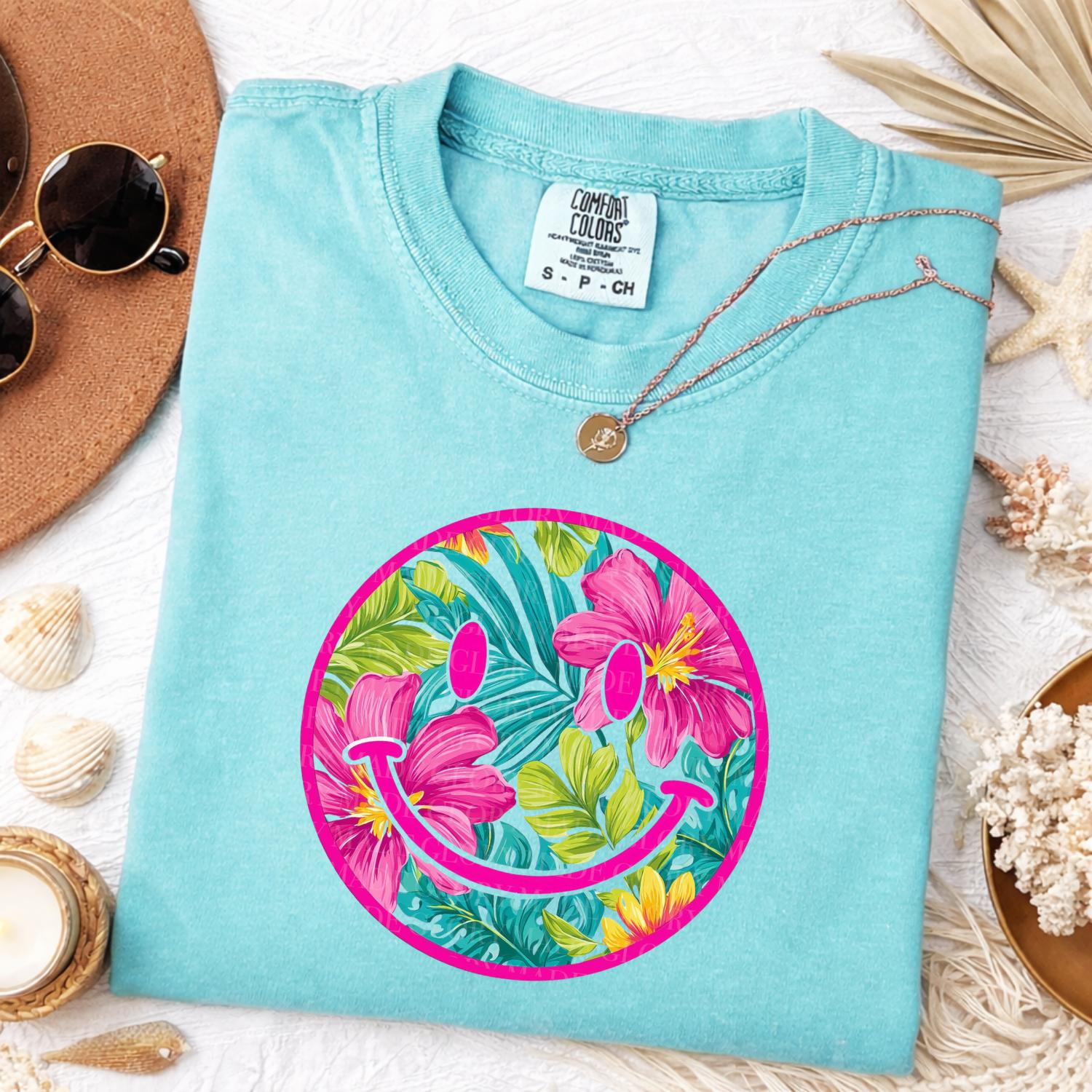 Comfort Colors Tropical Smiley Face Shirt Floral Hibiscus Graphic Tee Summer Aesthetic Beach Vibes Cute Vacation Outfit Womenswear & Underwear - Women's Tops - T-Shirts