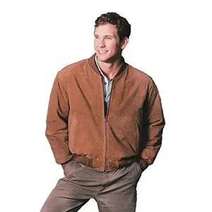 REED Men's Baseball Suede Leather Jacket Soft Supple Touch Satin Lining Inside Pocket Classic Style Imported Genuine Leather Coats Fashion Big Beige Long Sleeve Fitted Casual Everyday Spring Medium Length Menswear