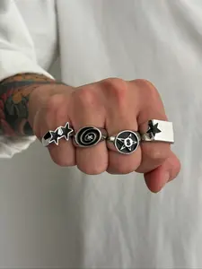 Men's Punk Style Silver Color Ring Set, Stacking Rings, Dark Aesthetic Rings, 4 Piece Vintage Star Design Jewelry Gift for Party Daily Holiday Wear