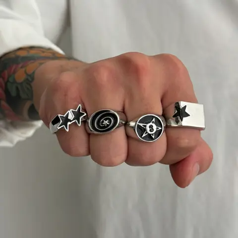 Men's Punk Style Silver Color Ring Set, Stacking Rings, Stackable Fashion Rings, Dark Aesthetic Rings, 4 Piece Vintage Star Design Jewelry Gift for Party Daily Holiday Wear, Stackable Finger Rings