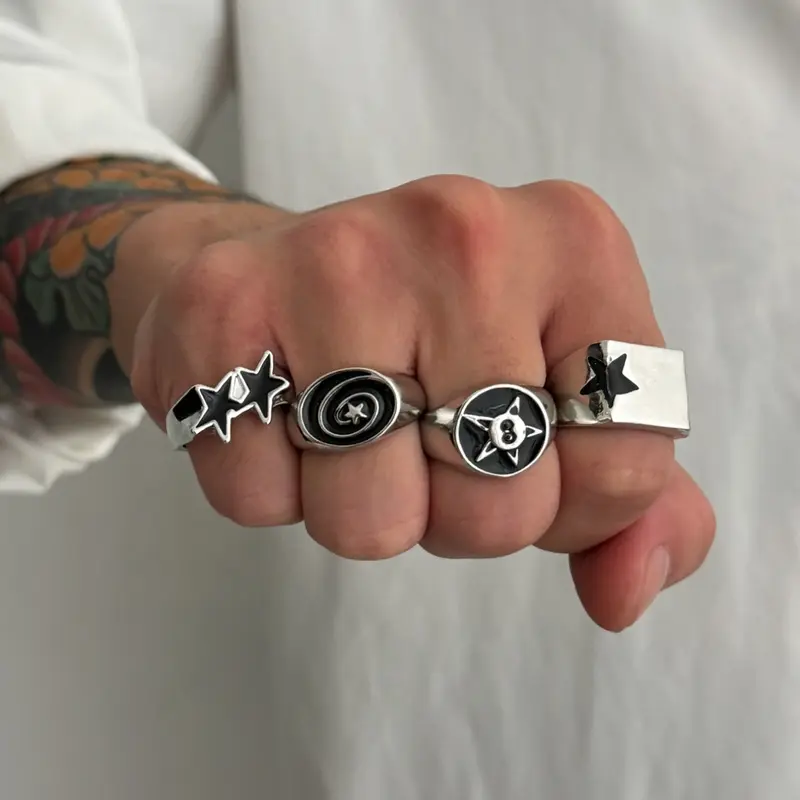Men's Punk Style Silver Color Ring Set, Stacking Rings, Stackable Fashion Rings, Dark Aesthetic Rings, 4 Piece Vintage Star Design Jewelry Gift for Party Daily Holiday Wear, Stackable Finger Rings