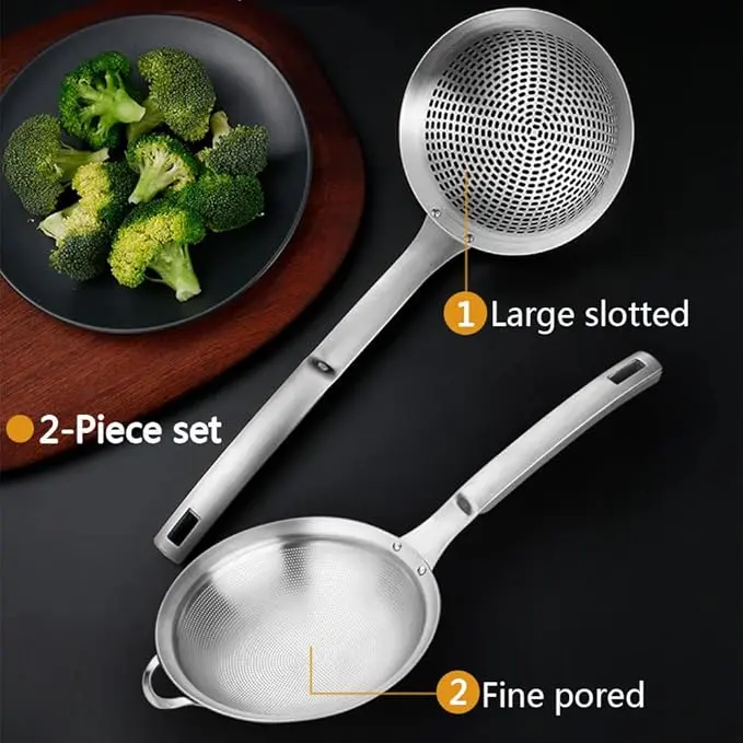 2 pcs heavy-duty stainless steel kitchen filter spoon set - with hanging hole handle, perfect for restaurant dining, family dinner, and outdoor barbecue, used for scooping dumplings, vegetables, and filtering