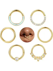 6 Pcs Golden Hinged Clicker Piercing Kit for Women Men Premium Surgical Steel Hoops Stylish Septum Nose Cartilage Helix Tragus Conch Piercings Smooth Safe Comfortable Wearing Delicate Shiny CZ Must-have Set for Body Piercing Lovers