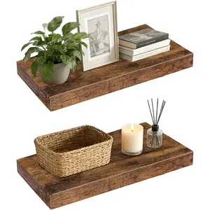 15.7in Solid Wood Core Floating Shelves, Set of 2 Heavy Duty Wall Mounted Shelf with Invisible Brackets, Farmhouse Rustic Brown Wall Shelf for Living Room Bedroom Kitchen Bathroom Over Toilet