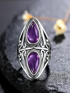 Amethyst Gemstone Silver Plat Ring, Teardrop Double-Stone Vintage Carved Pattern Rings, Boho Style Statement Finger Jewelry Gift