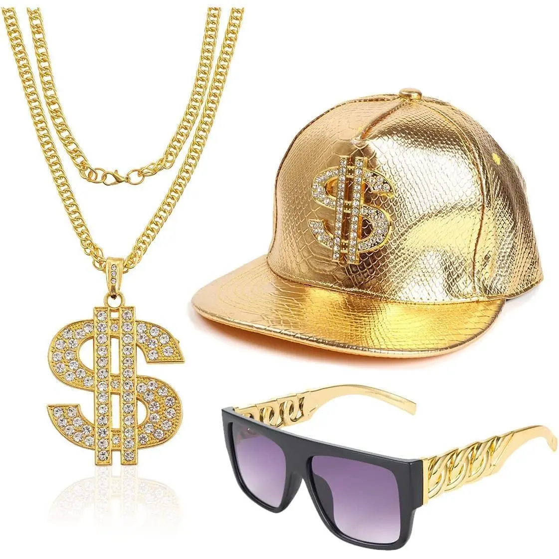80s-90s Rapper 3pcs Costume Set - Oldschool Hip Hop Gear with Croco Pattern Cap, Sunglasses, 30.7in Alloy Dollar Chain, 2.61in Chain, Dollar Pendant, Jewelry, All Seasons, Boyfriend Gift (Golden, Appropriate Size)